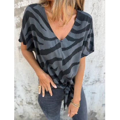 🔥Top-Auswahl🔥 Damen-T-Shirt mit V-Ausschnitt und Bindeband vorne im Zebra-Muster