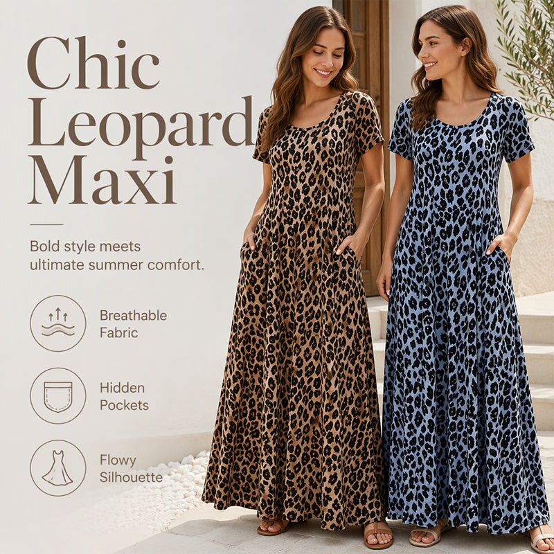 🐆 50 % RABATT! 👗 Maxikleid für Damen mit Leopardenmuster und Taschen, lässiges langes Kleid mit kurzen Ärmeln – Bequem
