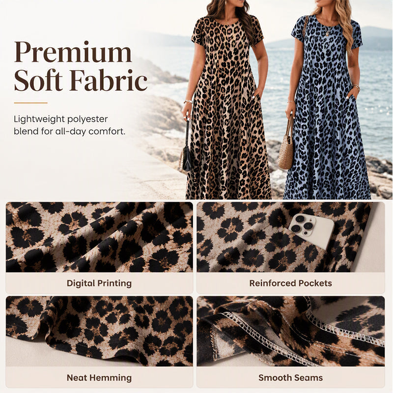 🐆 50 % RABATT! 👗 Maxikleid für Damen mit Leopardenmuster und Taschen, lässiges langes Kleid mit kurzen Ärmeln – Bequem