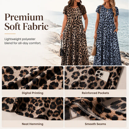 🐆 50 % RABATT! 👗 Maxikleid für Damen mit Leopardenmuster und Taschen, lässiges langes Kleid mit kurzen Ärmeln – Bequem