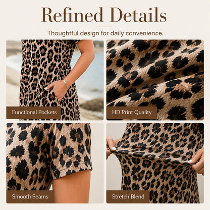 🐆 50 % RABATT! 👗 Maxikleid für Damen mit Leopardenmuster und Taschen, lässiges langes Kleid mit kurzen Ärmeln – Bequem