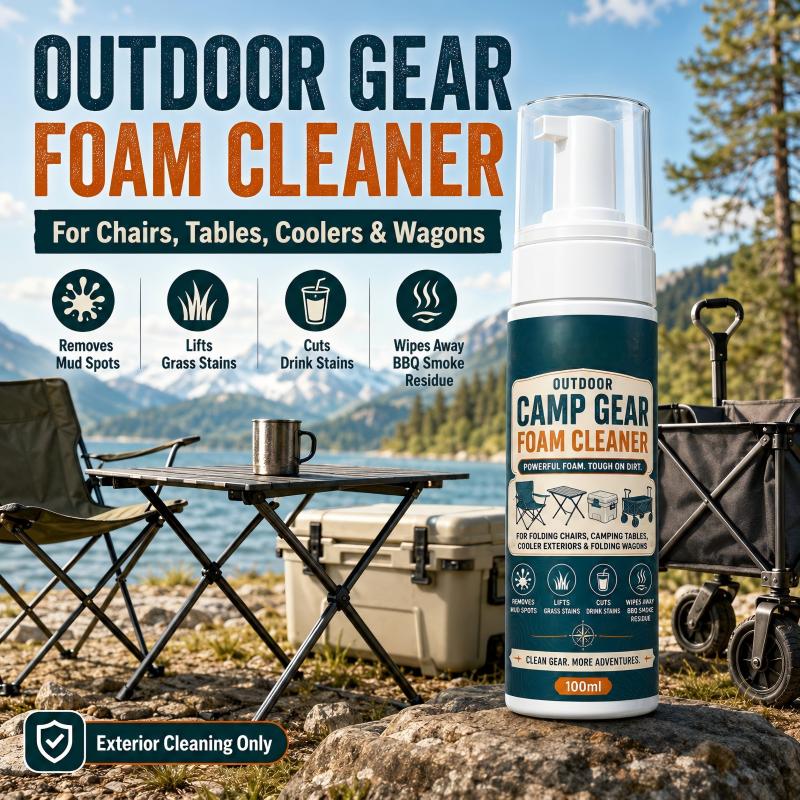 🏕️Schaumreiniger für Outdoor-Campingausrüstung mit Reinigungstuch – Kraftvolles Schaumspray zur Fleckenentfernung für Campingstühle, Tische, Kühlboxen und Klappwagen