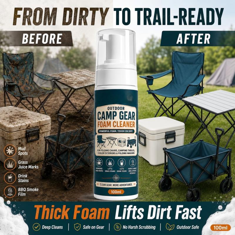 🏕️Schaumreiniger für Outdoor-Campingausrüstung mit Reinigungstuch – Kraftvolles Schaumspray zur Fleckenentfernung für Campingstühle, Tische, Kühlboxen und Klappwagen