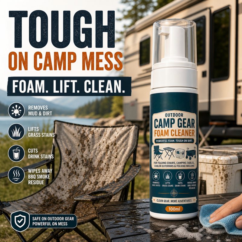 🏕️Schaumreiniger für Outdoor-Campingausrüstung mit Reinigungstuch – Kraftvolles Schaumspray zur Fleckenentfernung für Campingstühle, Tische, Kühlboxen und Klappwagen