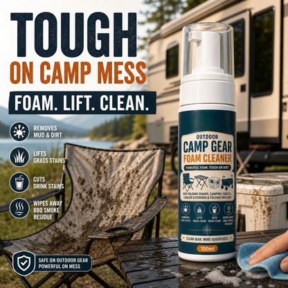 🏕️Schaumreiniger für Outdoor-Campingausrüstung mit Reinigungstuch – Kraftvolles Schaumspray zur Fleckenentfernung für Campingstühle, Tische, Kühlboxen und Klappwagen