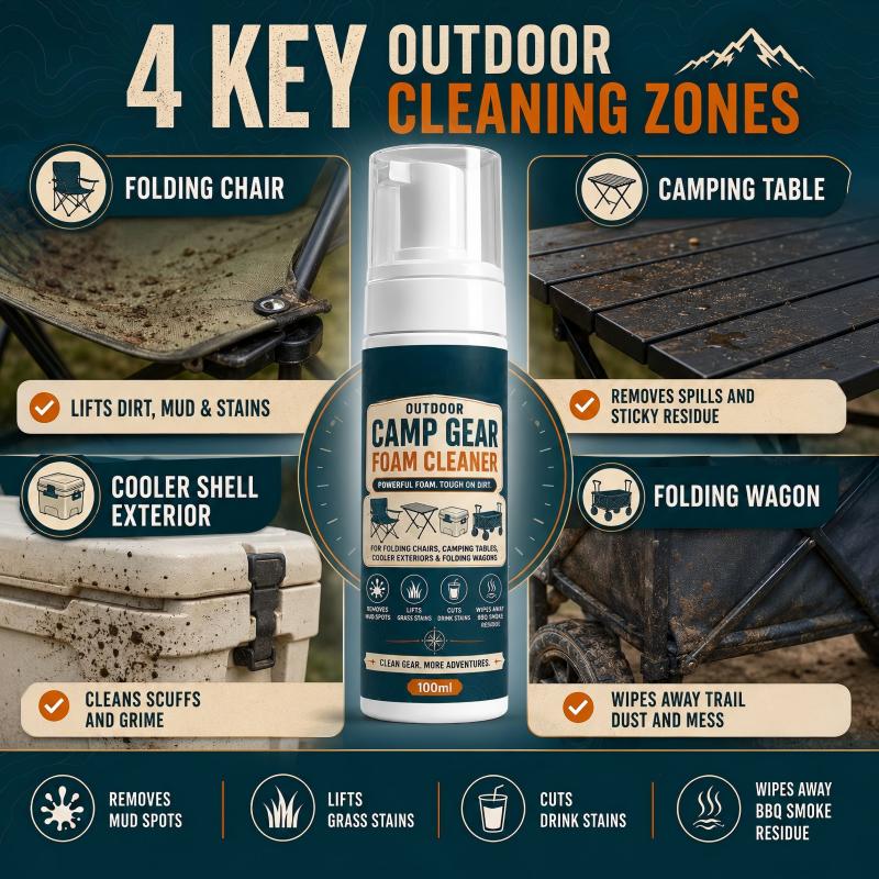 🏕️Schaumreiniger für Outdoor-Campingausrüstung mit Reinigungstuch – Kraftvolles Schaumspray zur Fleckenentfernung für Campingstühle, Tische, Kühlboxen und Klappwagen