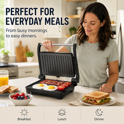 Elektrische Sandwichpresse und Panini-Grill mit 180-Grad-Flachgrill