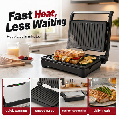 Elektrische Sandwichpresse und Panini-Grill mit 180-Grad-Flachgrill