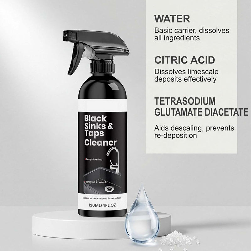 🚿JETZT 50 % RABATT! Kalkentferner-Spray für schwarze Waschbecken und Wasserhähne, Spray zur Entfernung hartnäckiger Wasserflecken, Reiniger für Badarmaturen ohne Schrubben für Wasserhähne, Waschbecken und Duschflächen