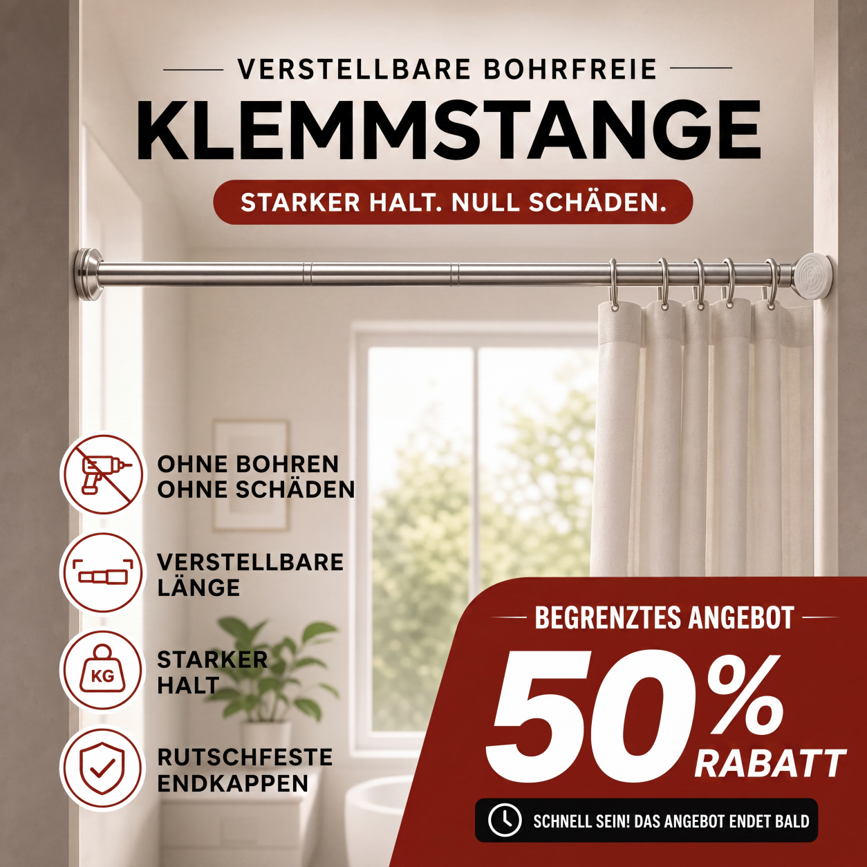 🔧 JETZT 50 % RABATT! 📏 Verstellbare Spannstange ohne Bohren – Werkzeugfreie Montage, starker Halt & vielseitig einsetzbar – Schafft sofortigen Stauraum überall und jederzeit 🏠