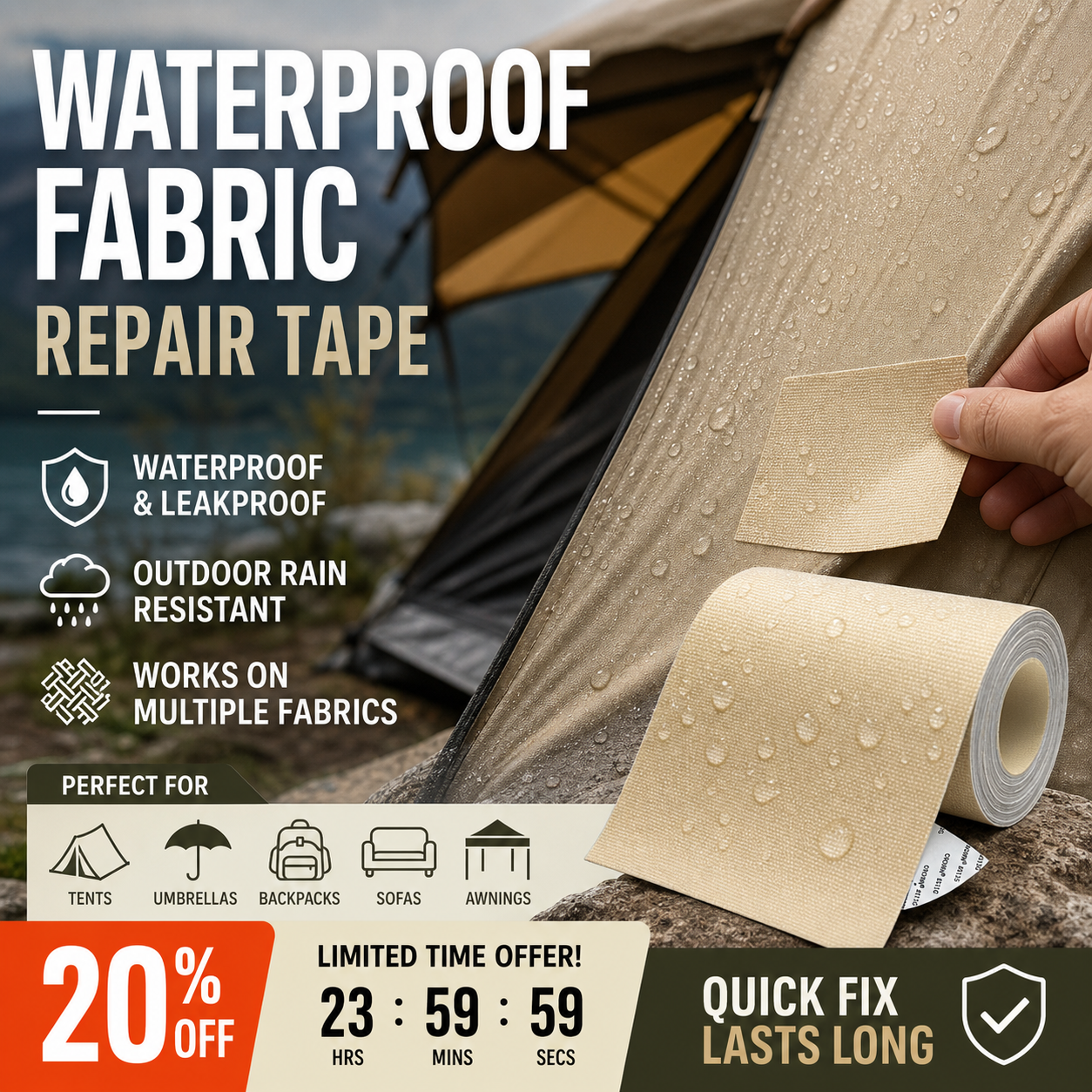 ⛺ JETZT 50 % RABATT! ✨ Selbstklebender Reparaturflicken für Planen, wasserdichtes Reparaturband aus Stoff, regenfest und mit starker Klebekraft für Zelte, Planen, Rucksäcke und Regenschirme