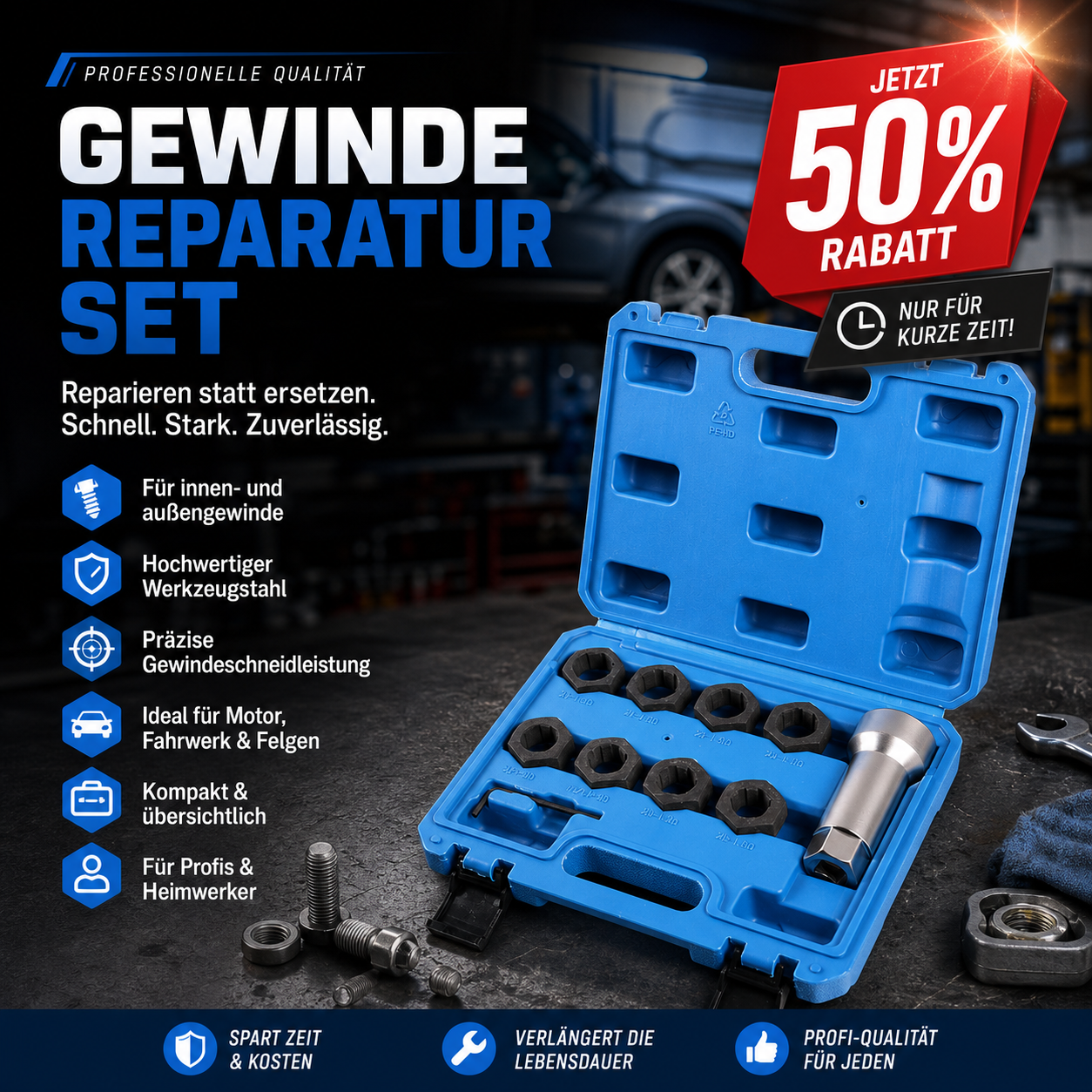 🔧 50% RABATT! 10-teiliges Reparaturwerkzeugset für Schraubgewinde im Kfz-Bereich – Schnelle Instandsetzung defekter Gewinde – Ideal für Werkstätten & Heimwerker ✨