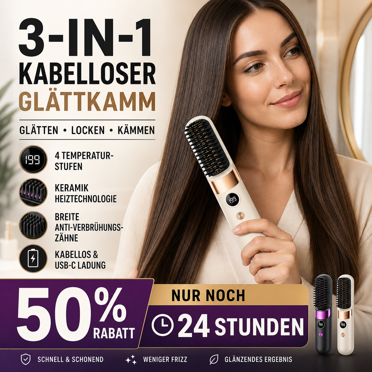 🔥 Heute -50 %! 💇‍♀️ 3-in-1 Kabellose Glättungsbürste